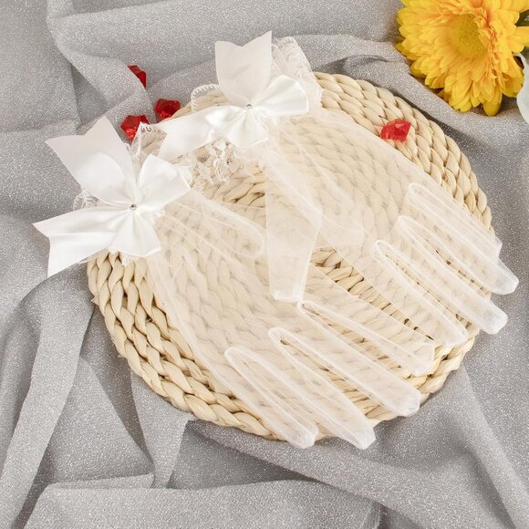 Women's White Lace Short Wedding Ruffled Tulle Mitten Imported Polyester Gloves - Picture 6 of 7